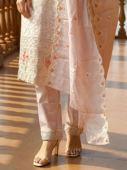 Embroidered V-Neck Thread Work Pure Cotton Straight Kurta With Trousers & Dupatta