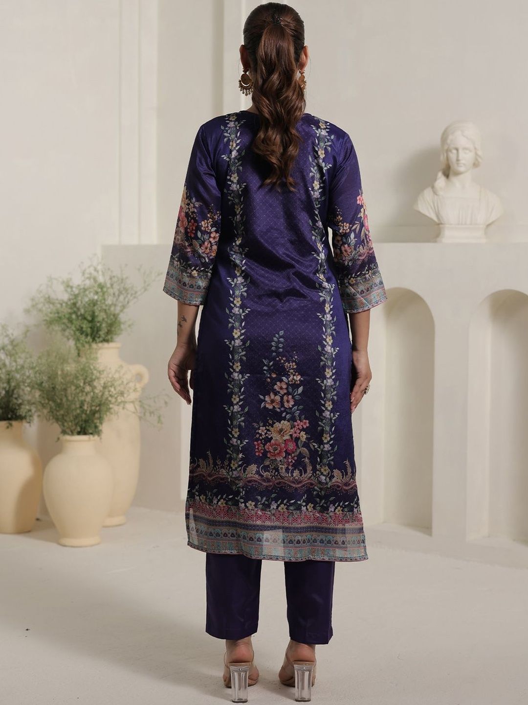 Motif Printed Notch Neck Chinon Mirror Work Straight Kurta & Palazzo With Dupatta