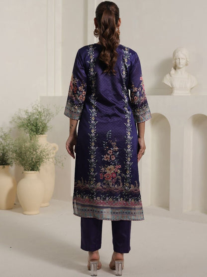 Motif Printed Notch Neck Chinon Mirror Work Straight Kurta & Palazzo With Dupatta