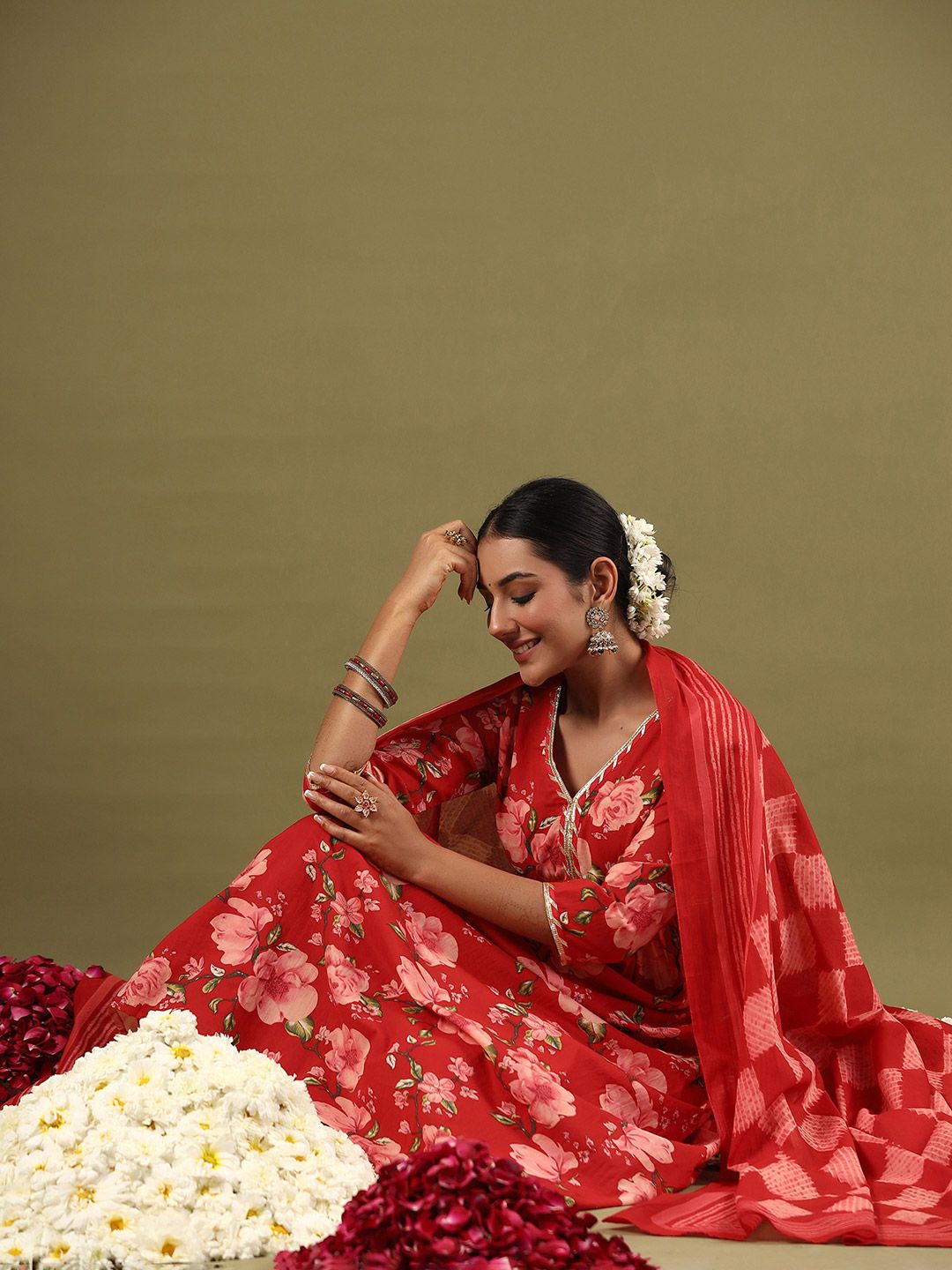 Floral Printed Empire Gotta Patti Pure Cotton Kurta With Trousers & Dupatta