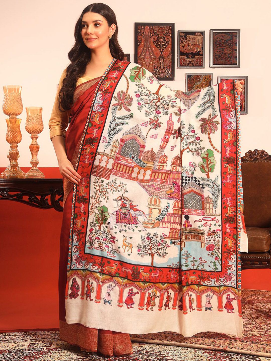 Dhiyona PA Ethnic Motifs Woven Design Naqqashi Pure Wool Kalamkari Shawl