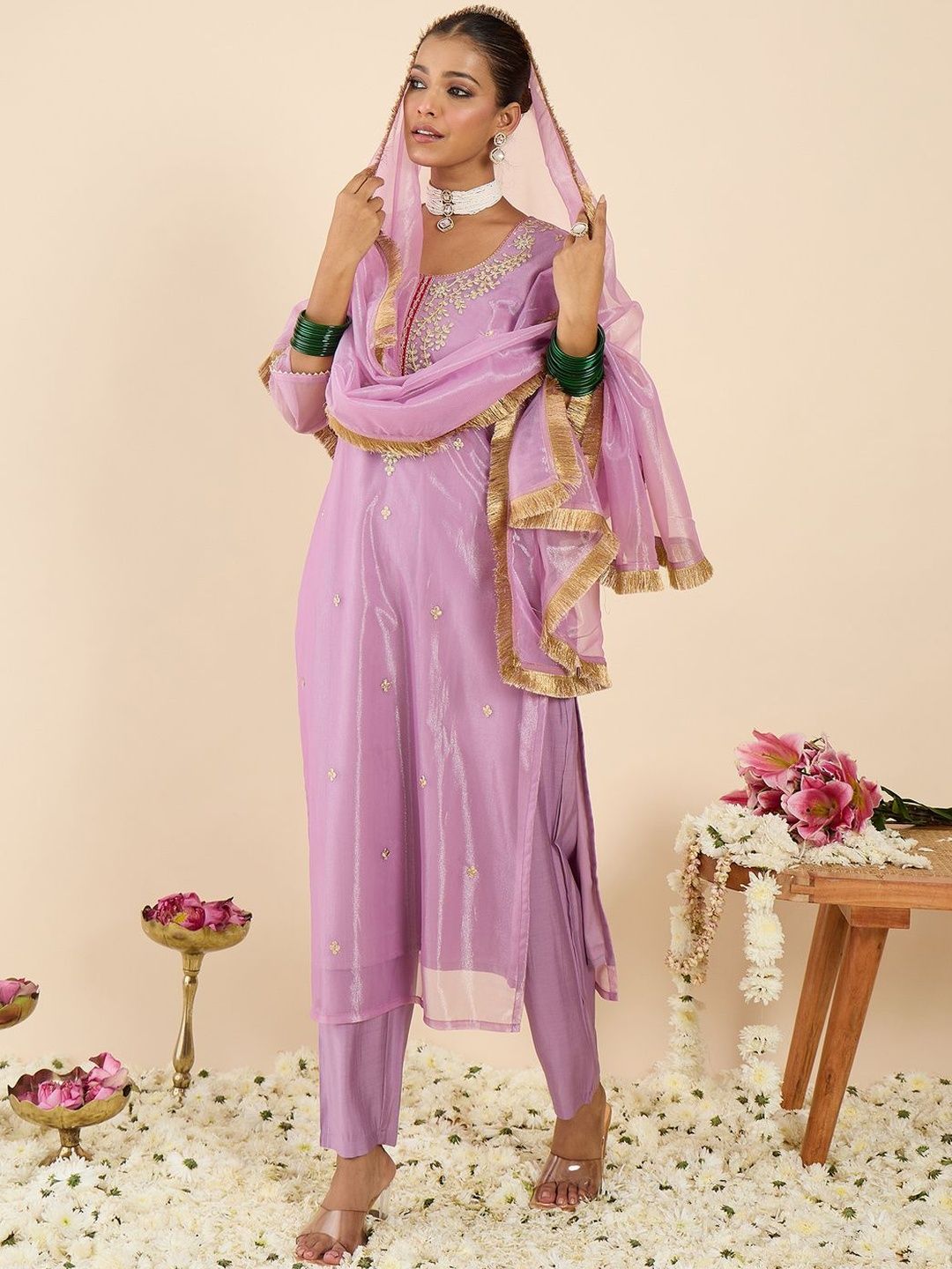 Women Ethnic Motifs Embroidered Regular Kurta with Trousers & With Dupatta