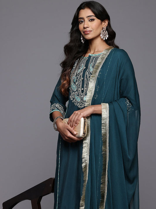 Dhiyona VA Women'sPaisley Embroidered Zari Panelled Kurta With Trousers & Dupatta