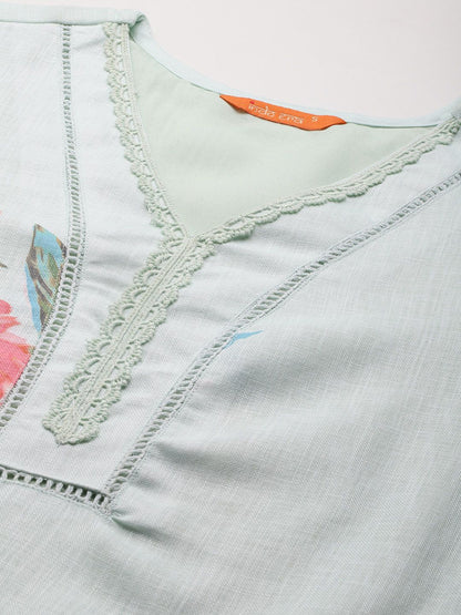 Floral Printed Linen Kurta With Trousers & Dupatta