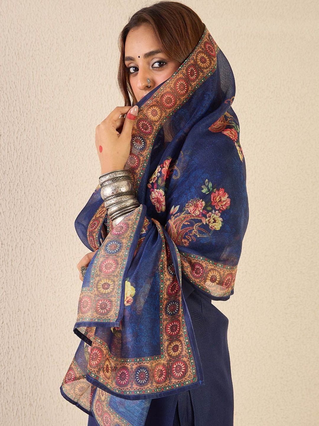 Notch Neck Straight Kurta With Trousers & Dupatta