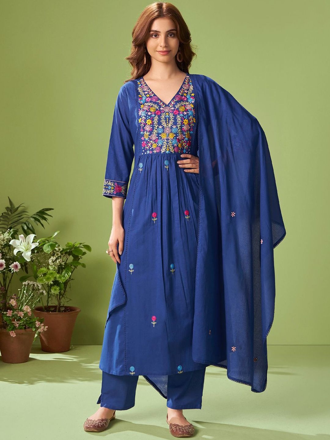 Women Floral Embroidered Cotton Kurta with Trousers & Dupatta