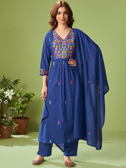 Women Floral Embroidered Cotton Kurta with Trousers & Dupatta