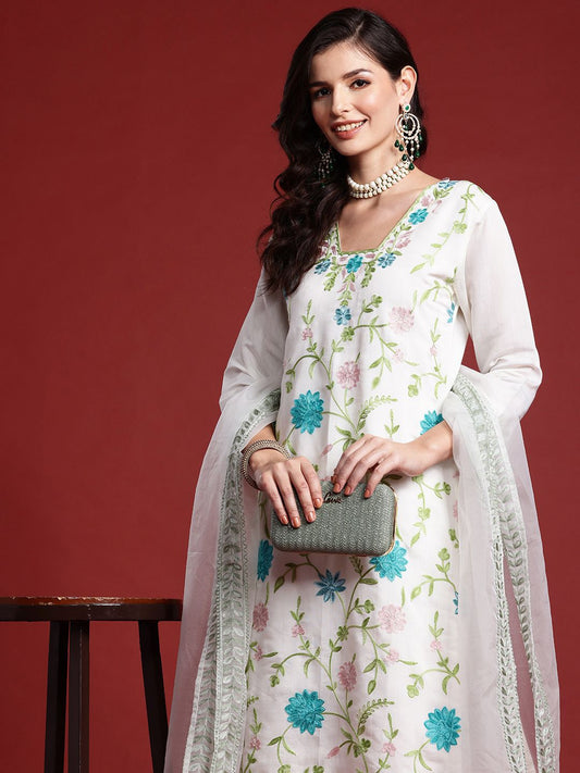 Dhiyona IE Women Floral Embroidered Thread Work Kurta With Trousers & Dupatta