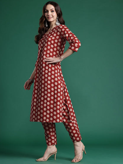Dhiyona IE Women Printed Pleated Pure Cotton Kurta with Trousers