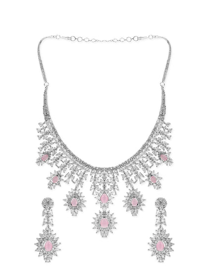 Dhiyona RJ Women's Dhiyona RJ Women'sSilver Plated Pink Gemstone & AAA Cubic Zirconia Studded Floral Design Jewellery Set