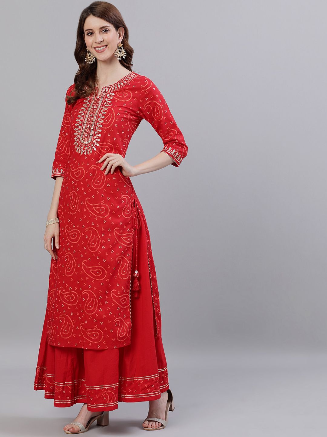 Dhiyona IS Women's Bandhani Printed Gotta Patti Pure Cotton Kurta with Sharara & With Dupatta