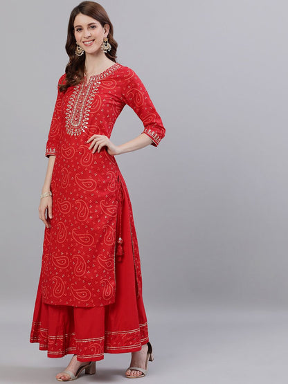 Dhiyona IS Women's Bandhani Printed Gotta Patti Pure Cotton Kurta with Sharara & With Dupatta