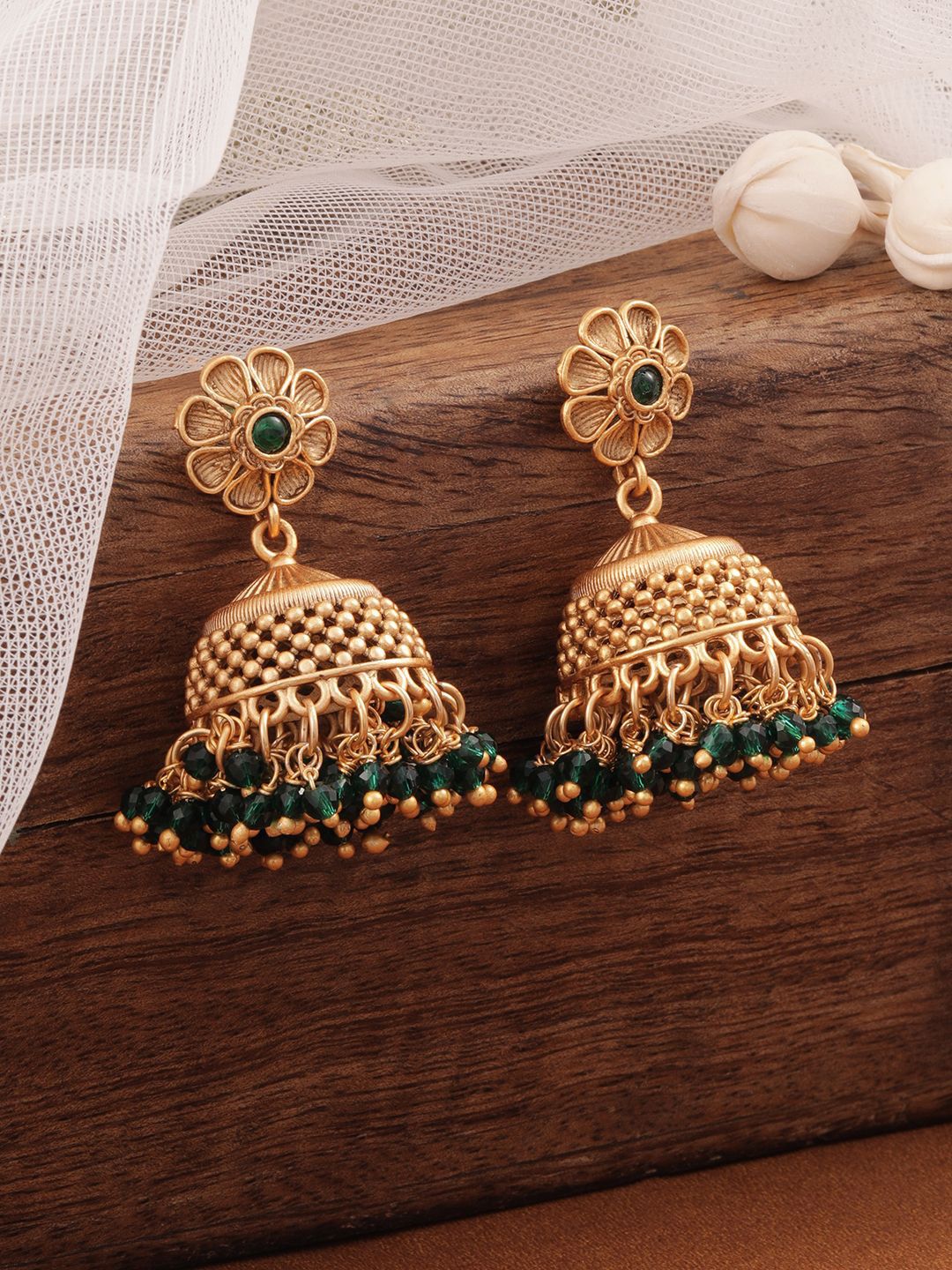 Dhiyona RJ Women's 18K Gold Plated Green Beaded Floral Motif Jhumka Earrings