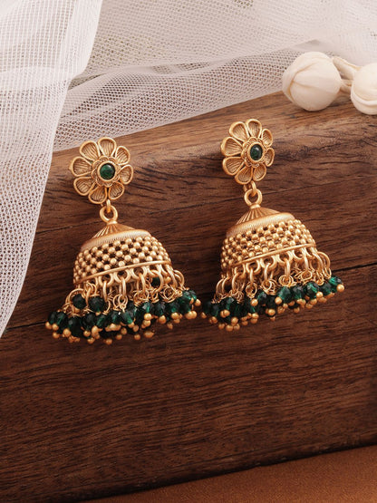 Dhiyona RJ Women's 18K Gold Plated Green Beaded Floral Motif Jhumka Earrings