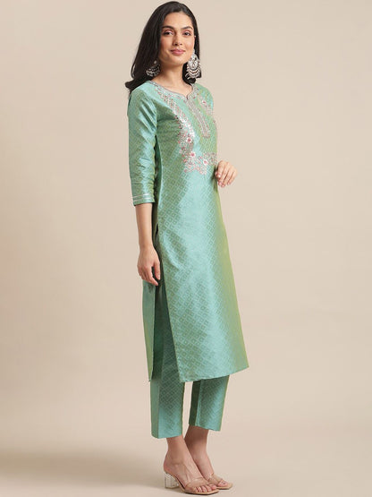 Dhiyona VA Women's Floral Embroidered Thread Work Kurta with Trousers & With Dupatta
