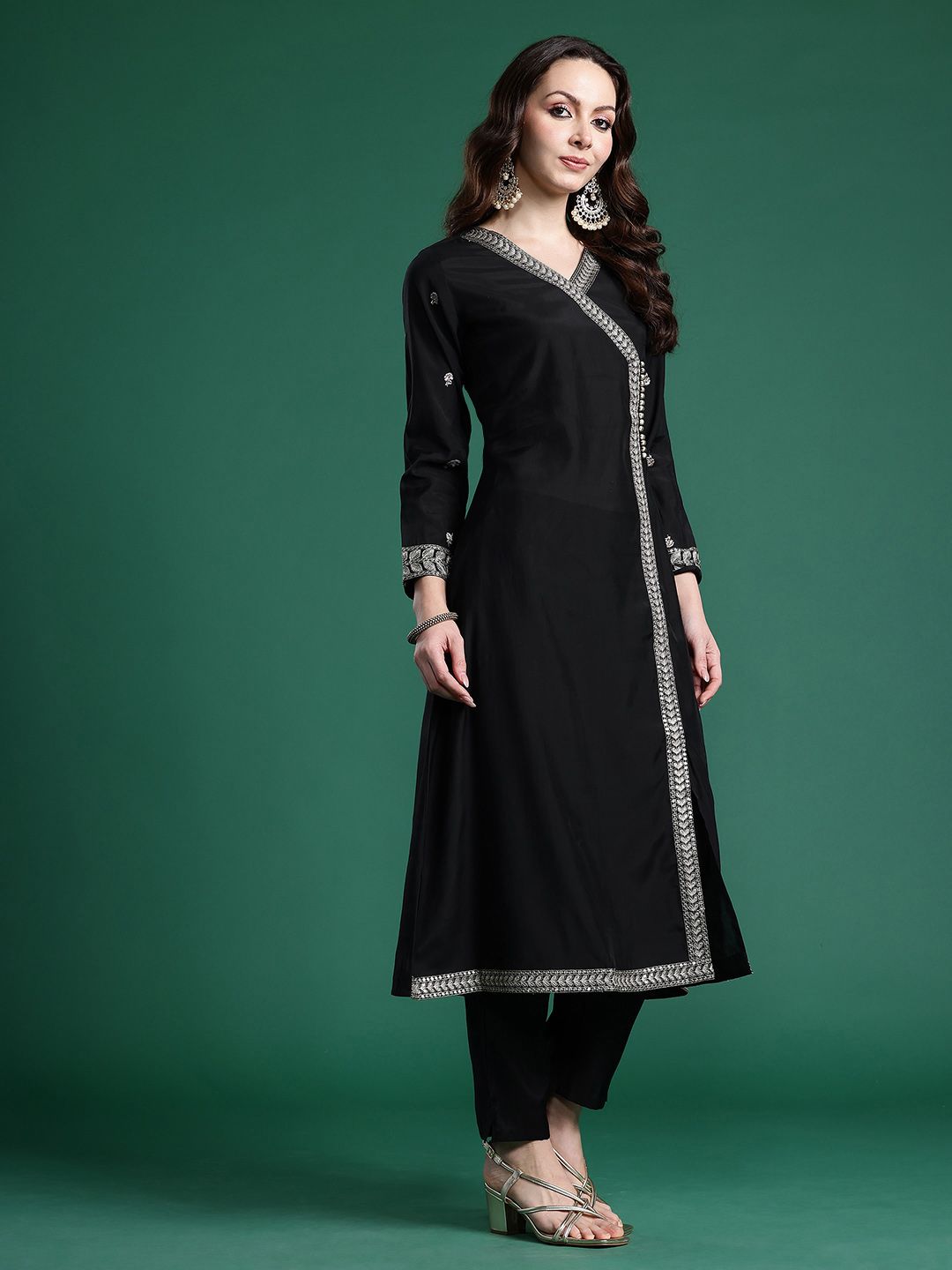 Ethnic Motifs Embroidered Angrakha Kurta with Trousers & Dupatta