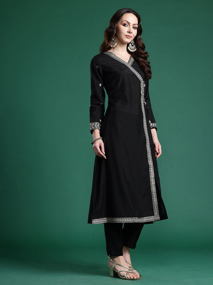 Ethnic Motifs Embroidered Angrakha Kurta with Trousers & Dupatta