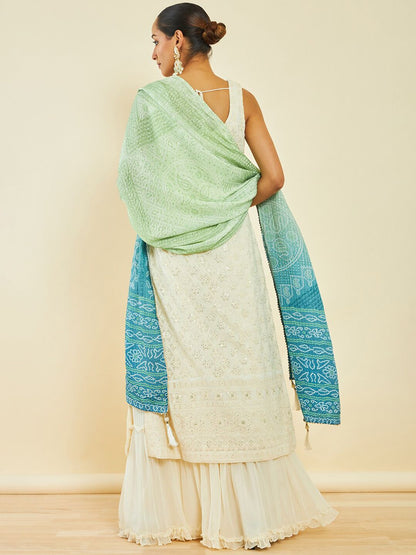 Dhiyona SO Women's Off White & Blue Floral Embroidered Georgette Kurta with Palazzos & Dupatta