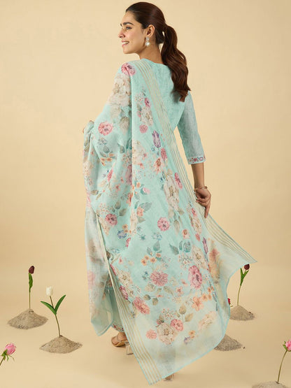 Floral Embroidered Linen Thread Work Straight Kurta & Trousers & Dupatta