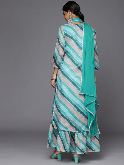 Dhiyona VA Women's Teal Leheriya Printed Gotta Patti Chanderi Cotton Kurta with Sharara & With Dupatta