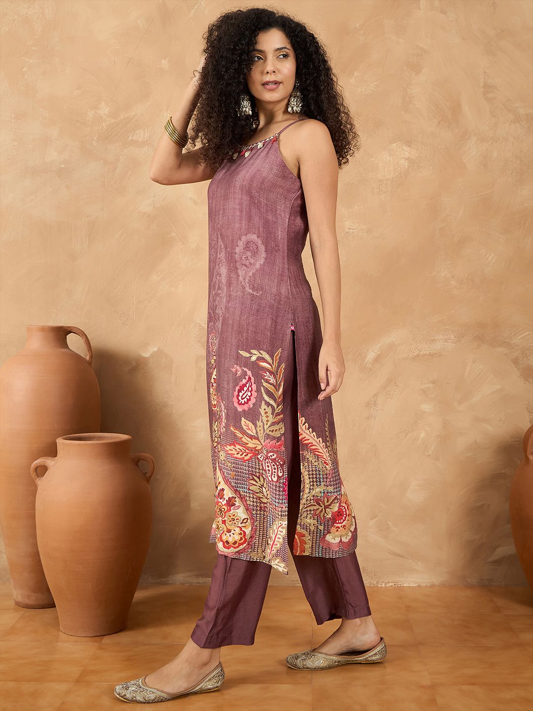 Dhiyona VA Women's Spaghetti Strap Floral Kurta with Trousers