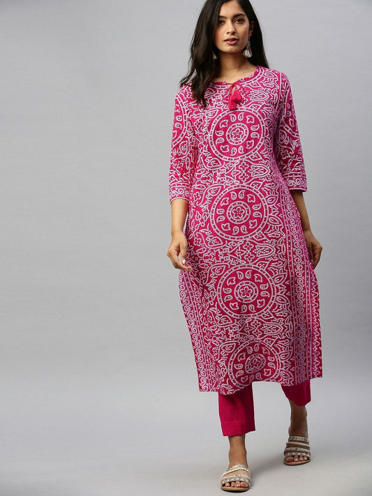 Dhiyona IS Women's Women Pink & White Bandhani Printed Kurta with Trousers