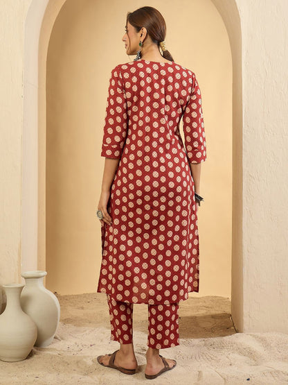 Dhiyona IE Women Printed Pleated Pure Cotton Kurta with Trousers