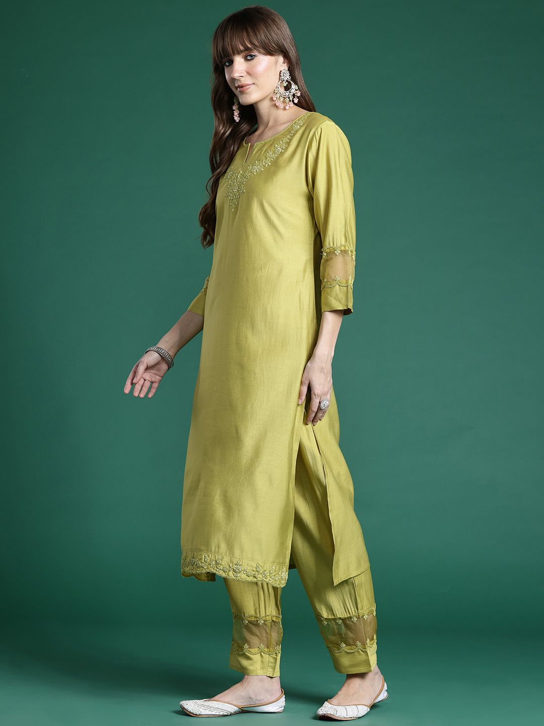 Ethnic Motifs Embroidered Sequinned Liva Kurta With Trousers & Dupatta