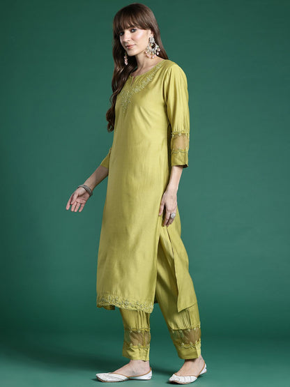 Ethnic Motifs Embroidered Sequinned Liva Kurta With Trousers & Dupatta
