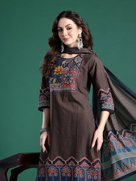 Dhiyona IE Ethnic Motifs Striped Sequinned Pure Cotton Kurta With Trousers & Dupatta