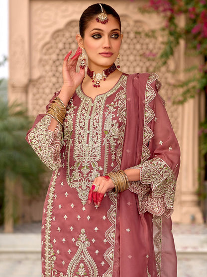 Floral Embroidered Notch Neck Zari Organza Kurta With Trousers And Dupatta