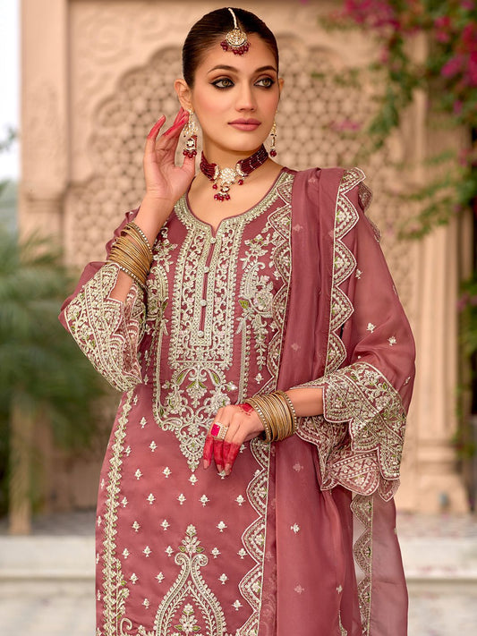 Floral Embroidered Notch Neck Zari Organza Kurta With Trousers And Dupatta