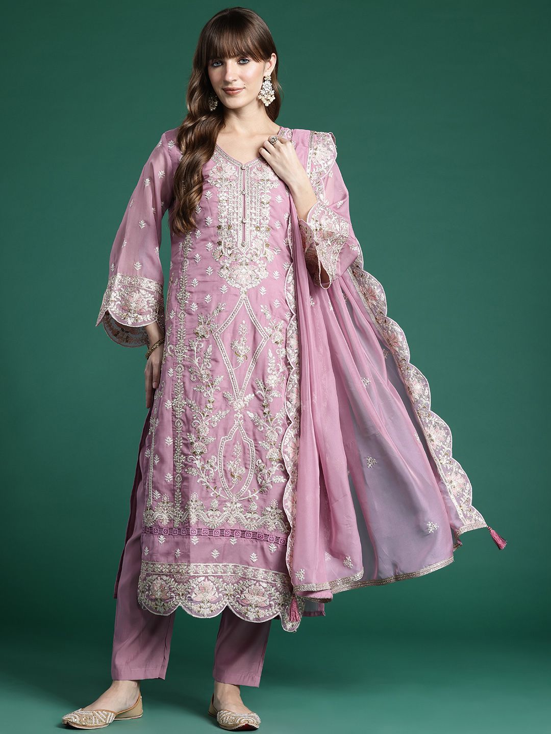Ethnic Motifs Embroidered Sequinned Kurta With Trousers & Dupatta