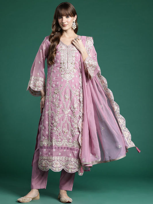 Ethnic Motifs Embroidered Sequinned Kurta With Trousers & Dupatta