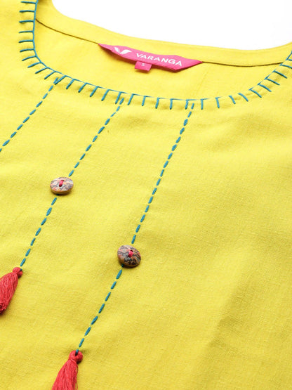 Dhiyona VA Women's Lime Green Yoke Design Thread Work Kurta with Trousers & Dupatta