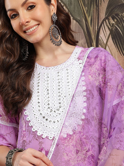 Dhiyona SN Women's Floral Print Thread Work Kurta with Salwar & Dupatta