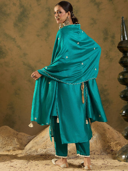 Dhiyona IE Women Ethnic Motifs Embroidered Regular Thread Work Kurta with Trousers & With Dupatta