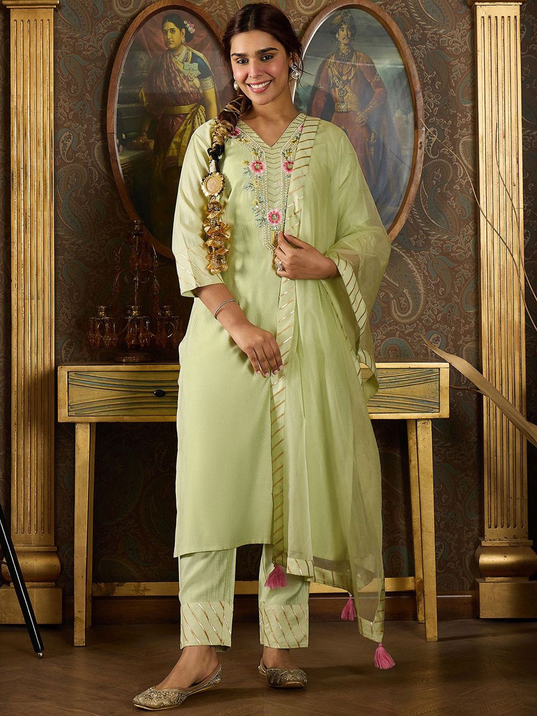 Dhiyona IE Floral Embroidered Stones & Beads Work Kurta With Trousers & Dupatta