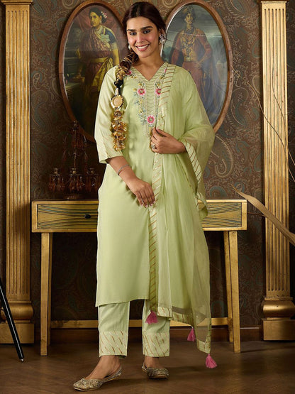 Dhiyona IE Floral Embroidered Stones & Beads Work Kurta With Trousers & Dupatta