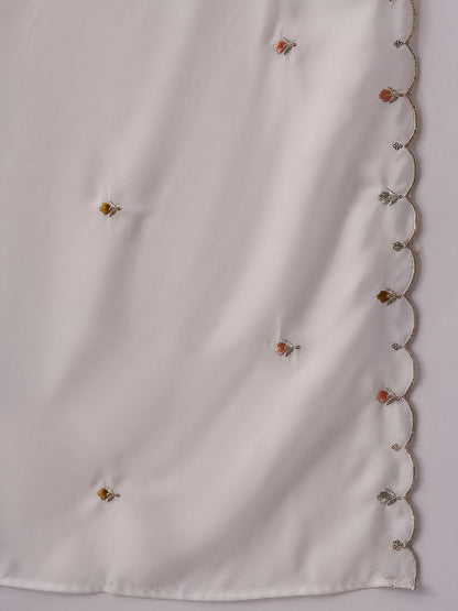 Dhiyona SN Women's White Thread Work Round Neck A-Line Kurta With Trousers And Dupatta