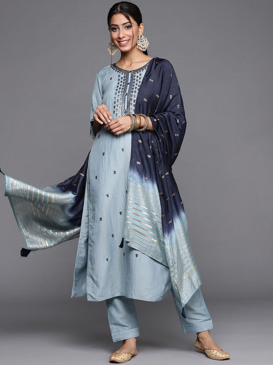 Dhiyona VA Women's Blue & Silver Floral Sequined Straight Kurta Trousers & Ombre Dyed Dupatta
