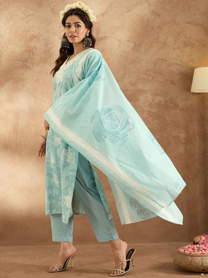 Dhiyona IE Women Floral Embroidered Pure Cotton Kurta with Trousers & Dupatta