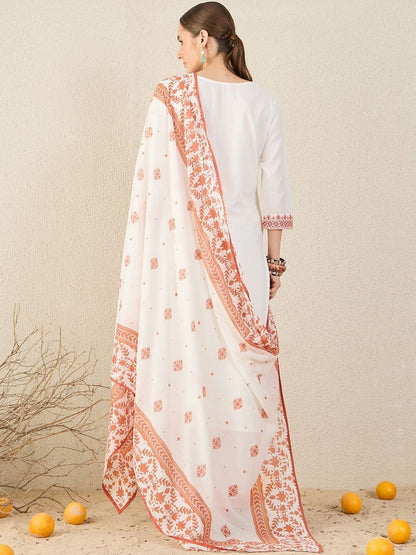 Women Floral Embroidered Cotton Kurta with Trousers & Dupatta