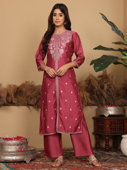 Dhiyona VA Women's Floral Embroidered Regular Pure Silk Kurta with Trousers & Fringed Dupatta