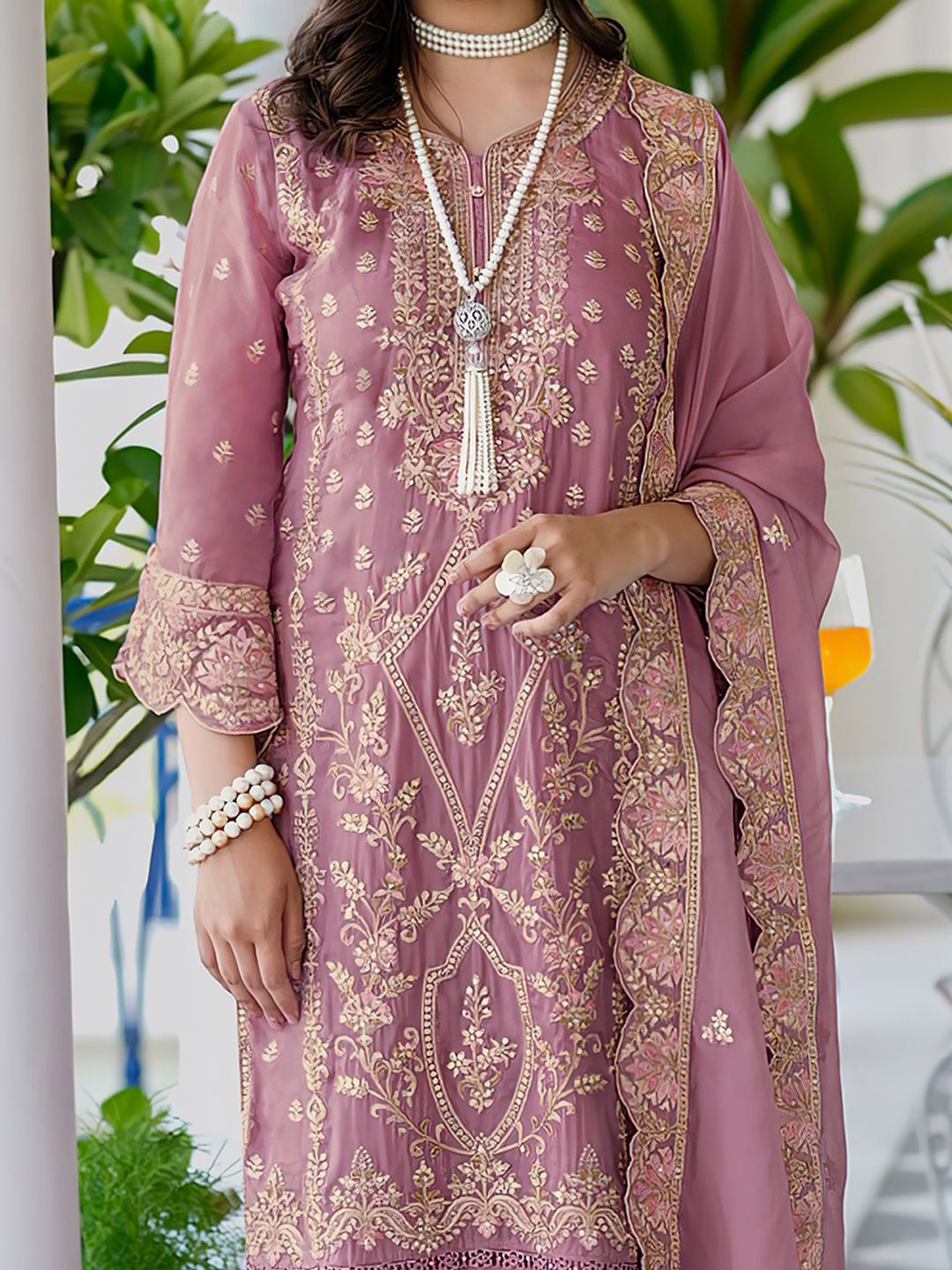 Ethnic Motifs Embroidered V Neck Straight Kurta With Trousers & Dupatta