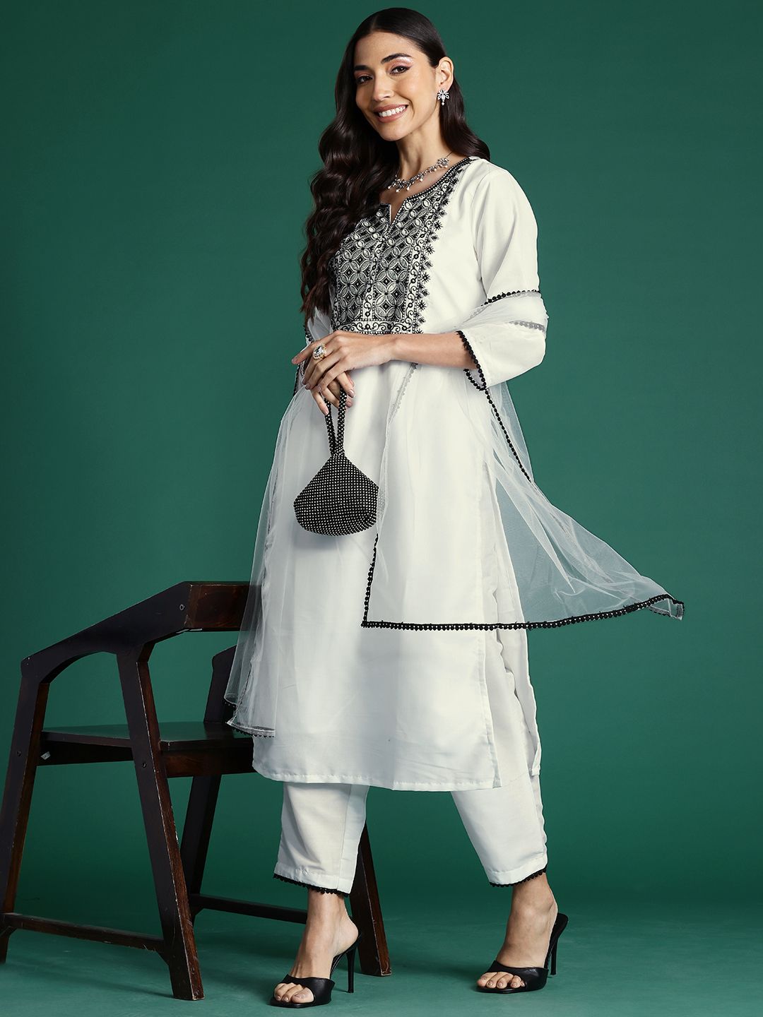 Ethnic Motifs Yoke Design Thread Work Kurta With Trousers & Dupatta