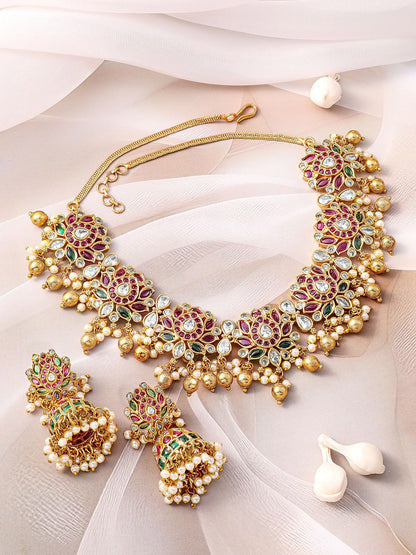 Dhiyona RJ Women's 22K Gold-Plated Ruby Pink, Emerald & White Kundan Studded Pearl Beaded Necklace Set