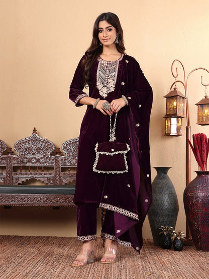 Dhiyona VA Women'sPurple Floral Yoke Design Thread Work Velvet Kurta with Trousers & Dupatta