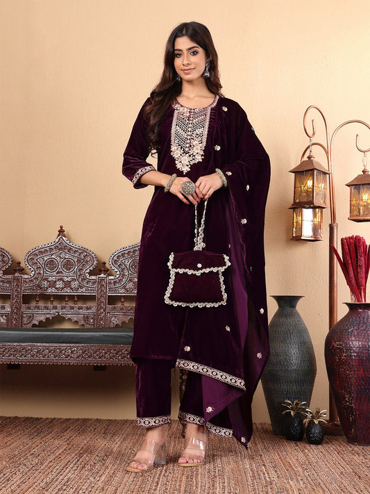 Dhiyona VA Women'sPurple Floral Yoke Design Thread Work Velvet Kurta with Trousers & Dupatta