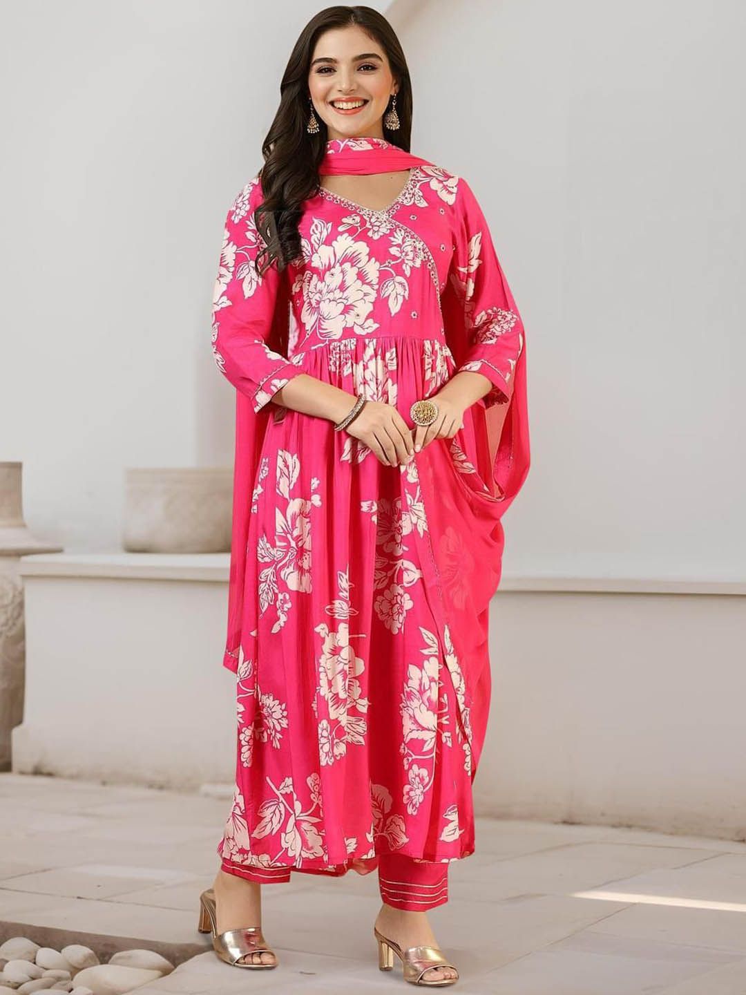 Dhiyona IS Women's Floral Printed Pure Cotton A-Line Kurta With Trousers & Dupatta
